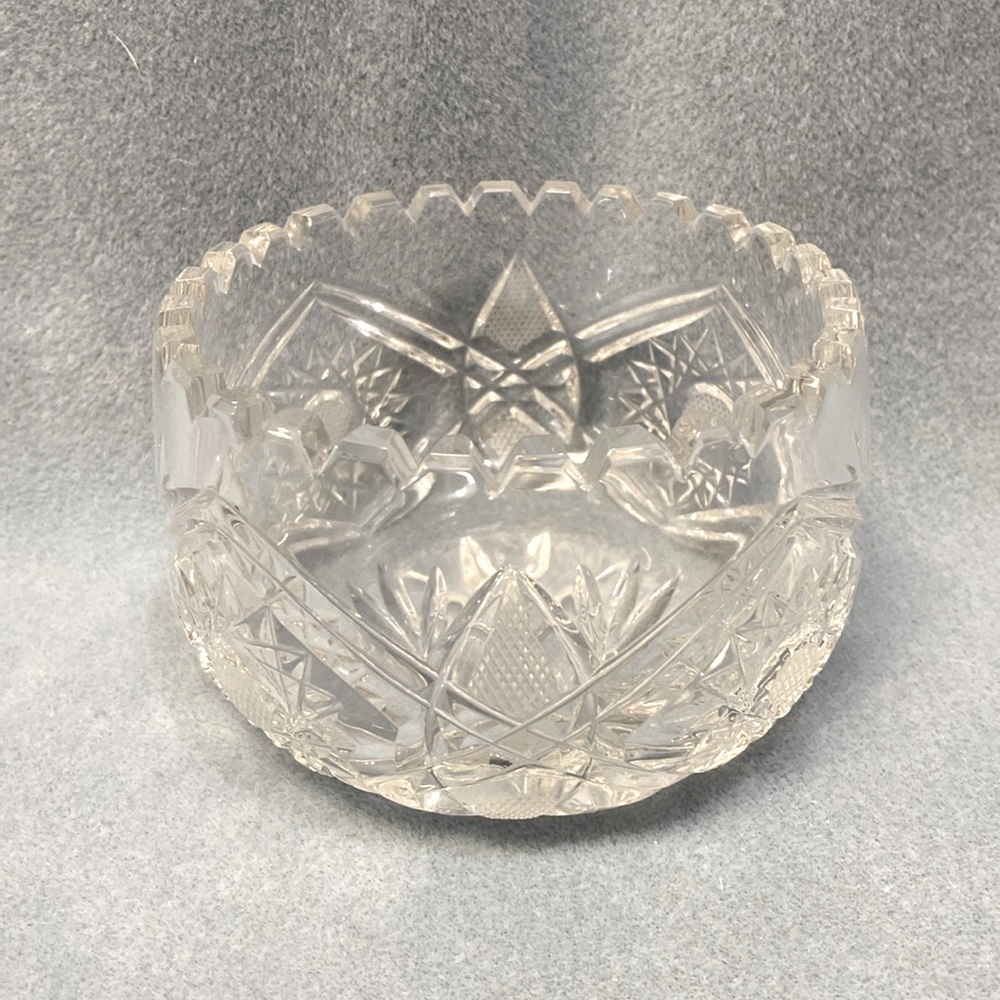 Bohemian Czech Pinwheel and Star Pattern Flat Saw Tooth Rim Lead Crystal Bowl